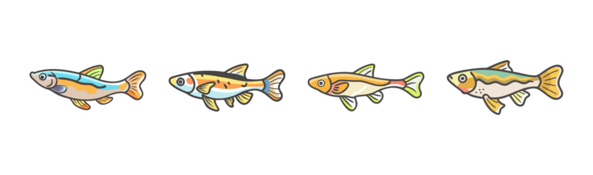 Group of four small Endler's livebearer fish swimming.