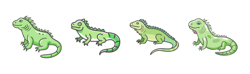 Fototapeta premium Four adorable cartoon iguanas with green skin and spiky crests, isolated on white.
