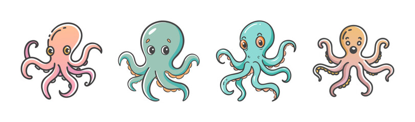 Four whimsical cartoon octopuses in pink and teal, with varied expressions © SulaimanIslam