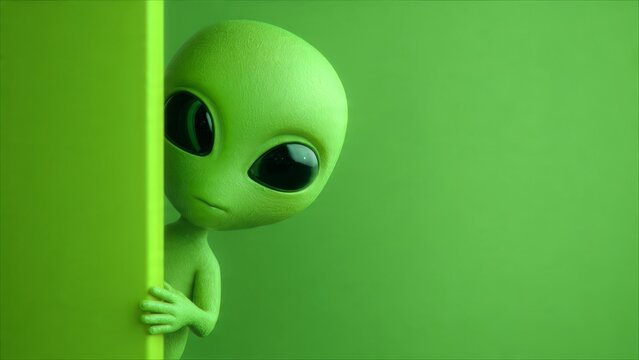 Cartoon Alien Peeking Around Corner, Expressive Eyes, Green Background

