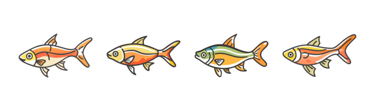 Four colorful cartoon rasbora fish swimming in a row, isolated on white.