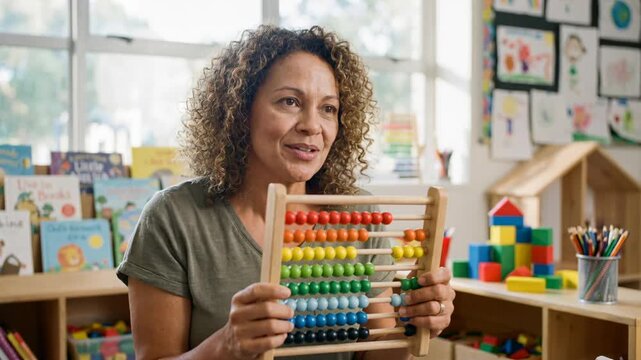 Teacher shows children how to count with an abacus during a classroom activity in the daytime