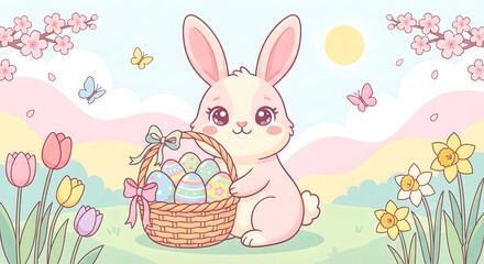 Fototapeta premium Kawaii Easter Bunny Holding Colorful Egg Basket in Pastel Spring Landscape Illustration 