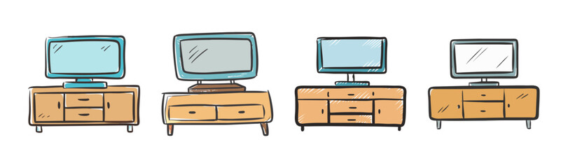Four retro television stands with flat screen TVs in a doodle art style. © SulaimanIslam