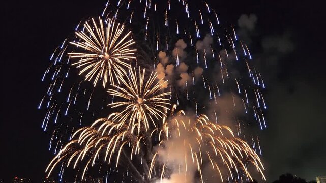 Spectacular fireworks exploding in dark night sky over city lights