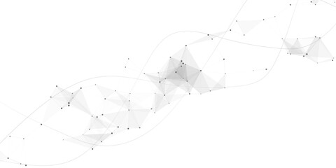 Abstract grey network connection background. 3D digital DNA helix or technology mesh with polygon lines and dots. Minimalist monochrome science vector illustration © Fannaan