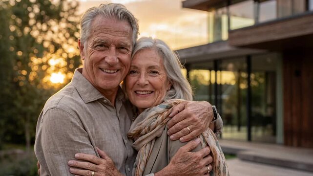 Elderly couple smiles together in front of their modern house during sunset in warm light while they embrace and enjoy the moment