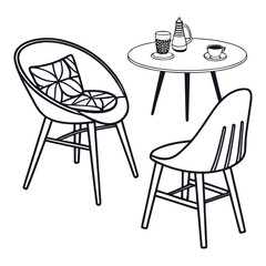 A cozy outdoor setting with a table, chairs, and a cat lounging in the sun