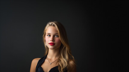 Naklejka premium elegant blonde woman in black evening gown at prom, nordic fashion portrait with studio lighting, formal prom night beauty editorial