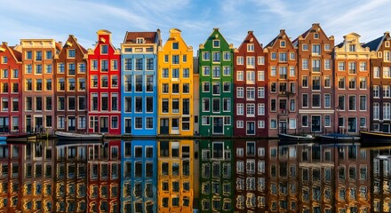 Colorful dutch canal houses reflected in calm water amsterdam netherlands © S.Creative