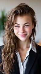 Fototapeta premium A young woman with long curly hair smiles while dressed in a black suit. She stands in an office with soft lighting and plants in the background