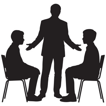 Silhouette of a man mediating between two seated figures
