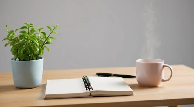 Calm and minimal workspace video featuring an open notebook, pen, potted plant, and a steaming coffee cup on a wooden desk. Clean lifestyle concept suitable for productivity, work from home, creative 