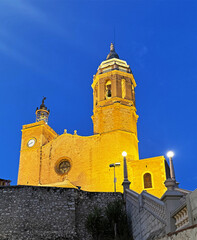 The Church of Saints Bartholomew and Thecla, beautifully illuminated at night. Sitges, Spain.