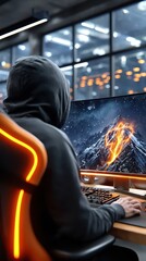 A person sits in a gaming chair and plays a video game on a large computer screen. The room has bright lights and a mountain scene on the display, creating an engaging atmosphere