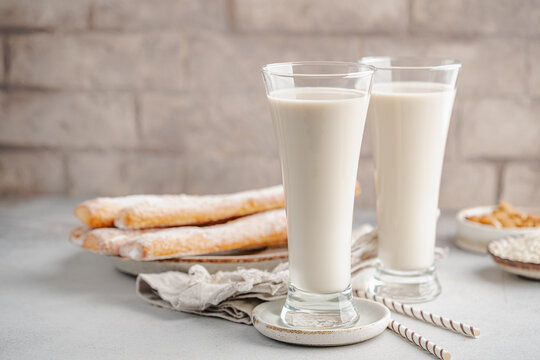 Tiger nut milk. Refreshing cold drink from Valencia. Horchata de chufa. Horchata with rice