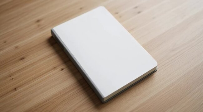 Close-up of a human hand placing a blank white notebook onto a wooden desk. Minimalist composition with warm natural tones and soft lighting creates a calm and professional workspace atmosphere. Ideal