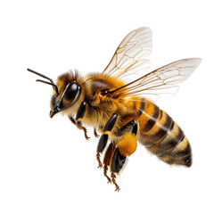 A close-up view of a bee in flight with its wings spread