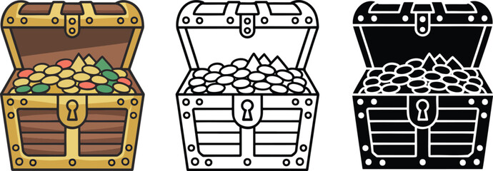 Fototapeta premium Treasure chest silhouette & Outline and illustration set isolated on transparent background