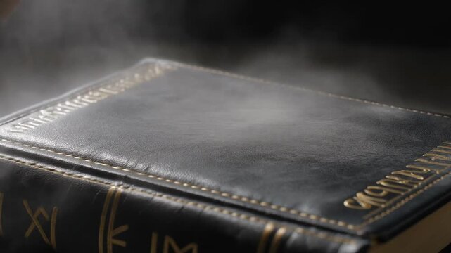 Close Up Slow Motion Hand Wiping Dust From Antique Leather Bound Book in Library