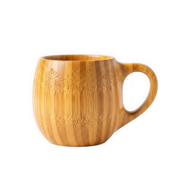 Handcrafted bamboo mug with decorative leaf carvings isolated on transparent background transparent background