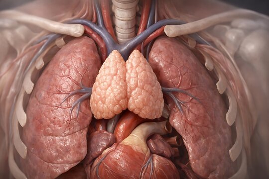Human Thoracic Cavity Anatomy Illustration Showing Lungs, Heart, and Thymus Gland in Detail