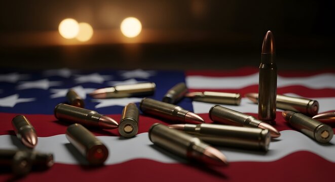 Ammunition rounds and casings on the US national flag. Concept of military power, defense, war, and Second Amendment rights