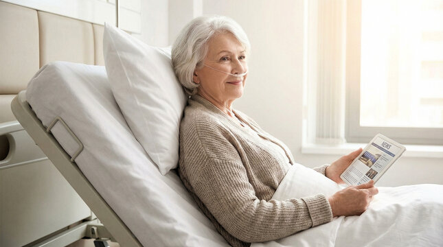 Elderly woman reading magazine in hospital bed by window with sunlight, elderly patient using a clear nasal oxygen cannula while resting in a modern hospital bed within a bright 