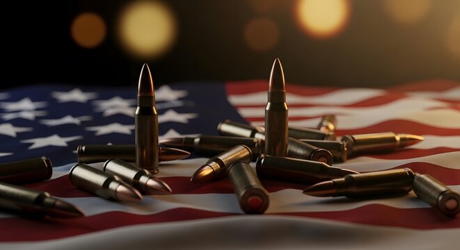 Close-up of rifle bullets scattered across the American flag. Focus on military operations, national security, and conflict issues