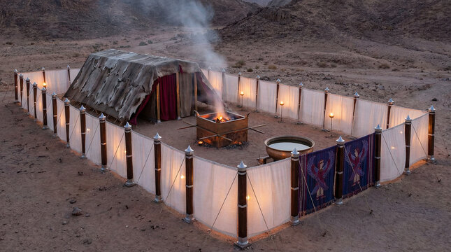 Artistic representation of the biblical Tabernacle in the wilderness at night, illuminated within an Israelite encampment