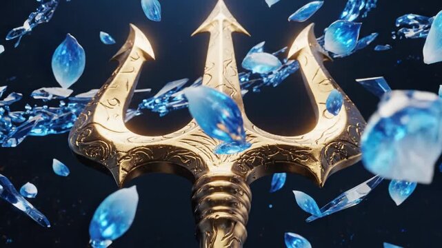 Golden mythical trident with swirling blue liquid elements