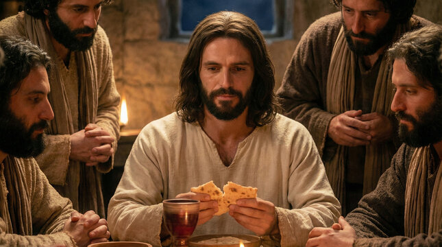 Biblical scene of The Last Supper, Jesus sharing bread and wine with his disciples in an intimate moment