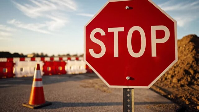 A red stop sign stands in a construction zone with traffic cones and barriers in the background, captured in a video