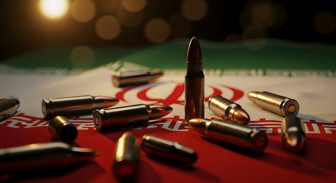 High angle view of live ammunition and spent shells on the Iranian flag background. Symbolizes war, defense capabilities, and government policy