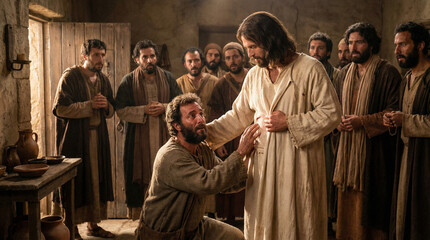 Fototapeta premium Jesus appearing to doubting Thomas and the disciples in the locked Upper Room in Jerusalem
