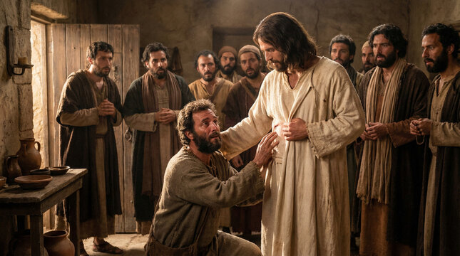 Jesus appearing to doubting Thomas and the disciples in the locked Upper Room in Jerusalem
