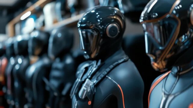 Mannequin in a scuba diving store showcasing a complete set of professional equipment, including a neoprene wetsuit, mask, regulator, and buoyancy compensator