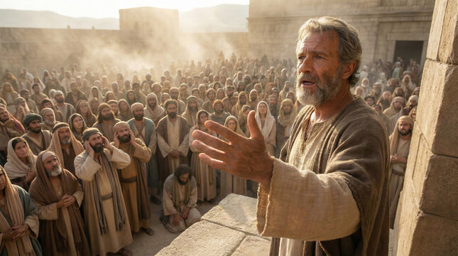 Peter preaching to the crowds on Pentecost, a powerful dynamic shot of the Apostle filled with the Holy Spirit