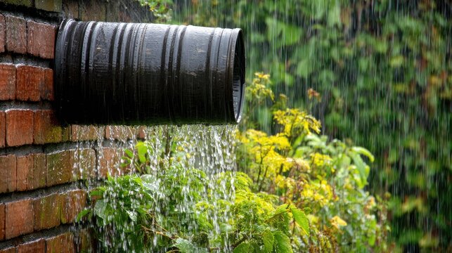 Rainwater gushing from a drainpipe against a brick wall and greenery