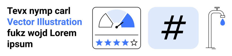 Obraz premium Colorful speedometer rating icon with stars, bold metadata tag icon, and water faucet with droplet. Ideal for data visualization, social media, ratings, eco awareness, analytics, technology simple