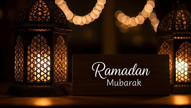 Ramadan Mubarak Greeting with Illuminated Lanterns and Bokeh Lights
