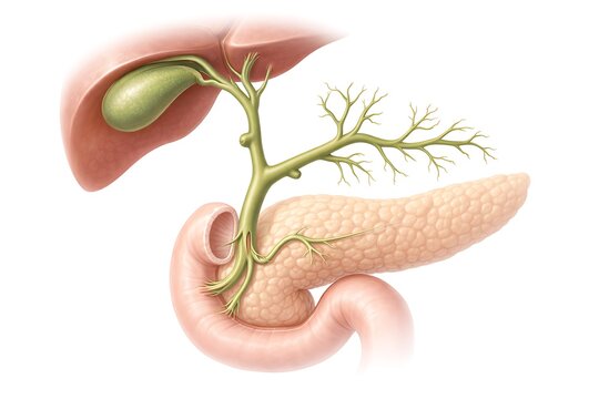 Human Biliary System Anatomy Illustration Liver, Gallbladder, Pancreas, and Duodenum with Bile Ducts