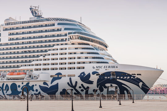 30 November 2025, Doha, Qatar: MSC Euribia cruise ship displaying its distinctive hull art, representing marine life and environmental commitment