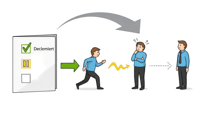 Business workflow showing approval process with checkmark,transition,confusion,and final implementation by businessmen isolated on transparent background