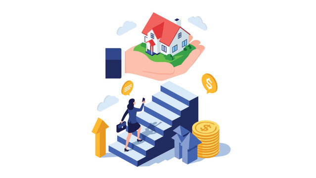 Successful businesswoman climbing stairs towards new house held in giant hand representing real estate dreams.