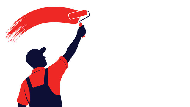 Silhouette of professional worker in red shirt and overalls using roller to paint bright red stroke on wall.