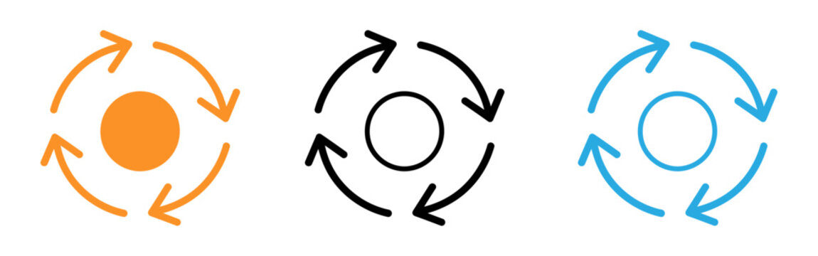 Three circular arrow icons in orange black and blue