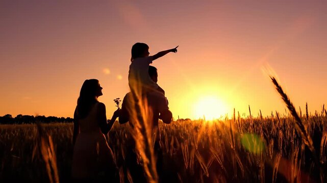 Family enjoying sunset in wheat field. Parents hold child on shoulders while appreciating nature. Beautiful golden hour creates warm atmosphere of joy and togetherness.