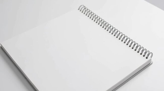 Clean top view footage of an open blank spiral notebook placed on a white background. Minimal and simple composition with large copy space, ideal for writing, planning, education, office work, station