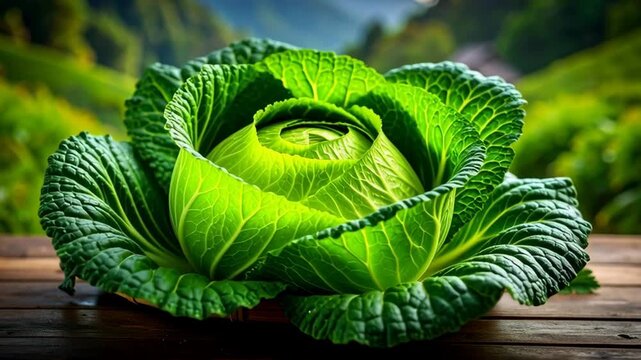 Fresh green cabbage with ruffled leaves in a woven basket on wooden planks
